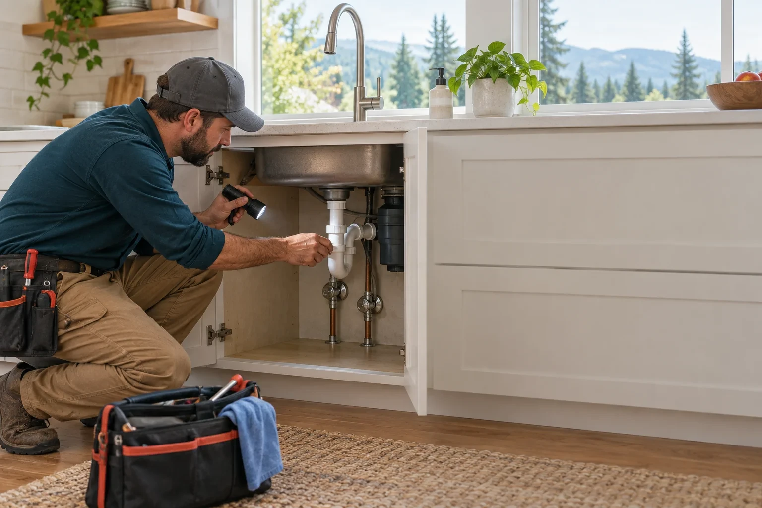 Plumber inspecting a kitchen sink connection during a residential service visit