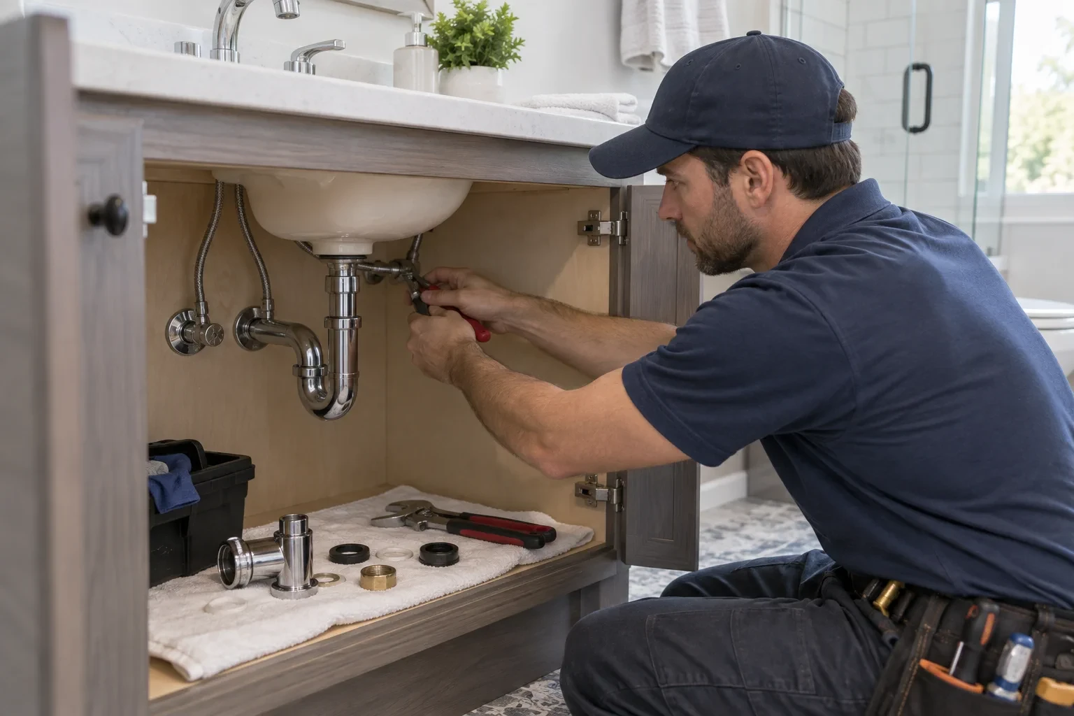 Plumber repairing a bathroom faucet beneath an open vanity in a Redmond home