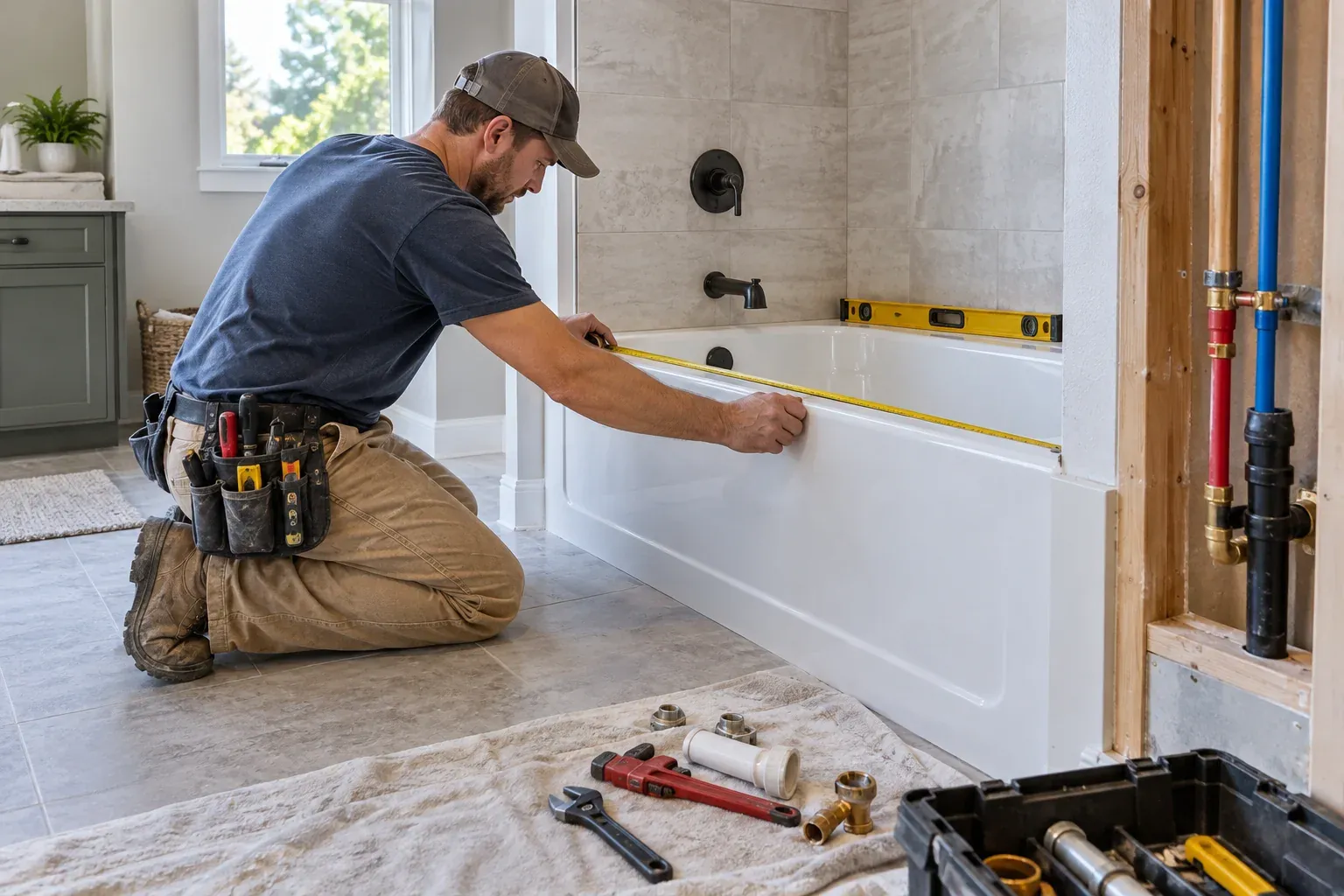 Plumber measuring an alcove bathtub installation in a bathroom remodel