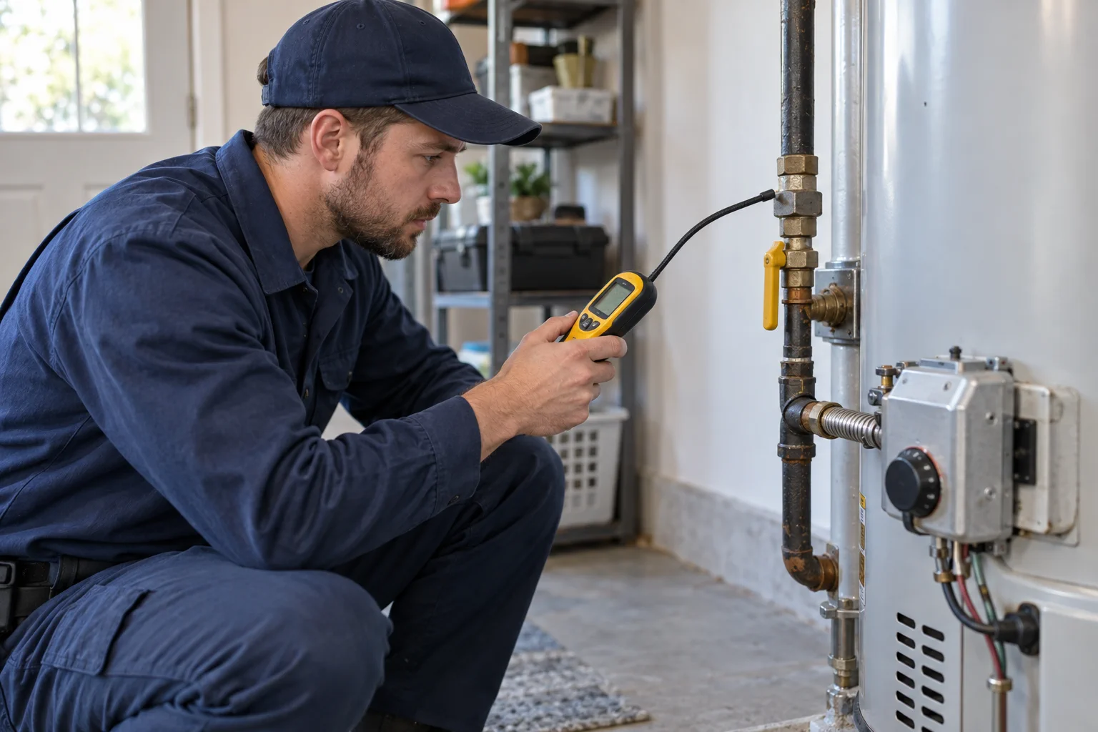 Qualified plumber inspecting a gas appliance connection with a detector
