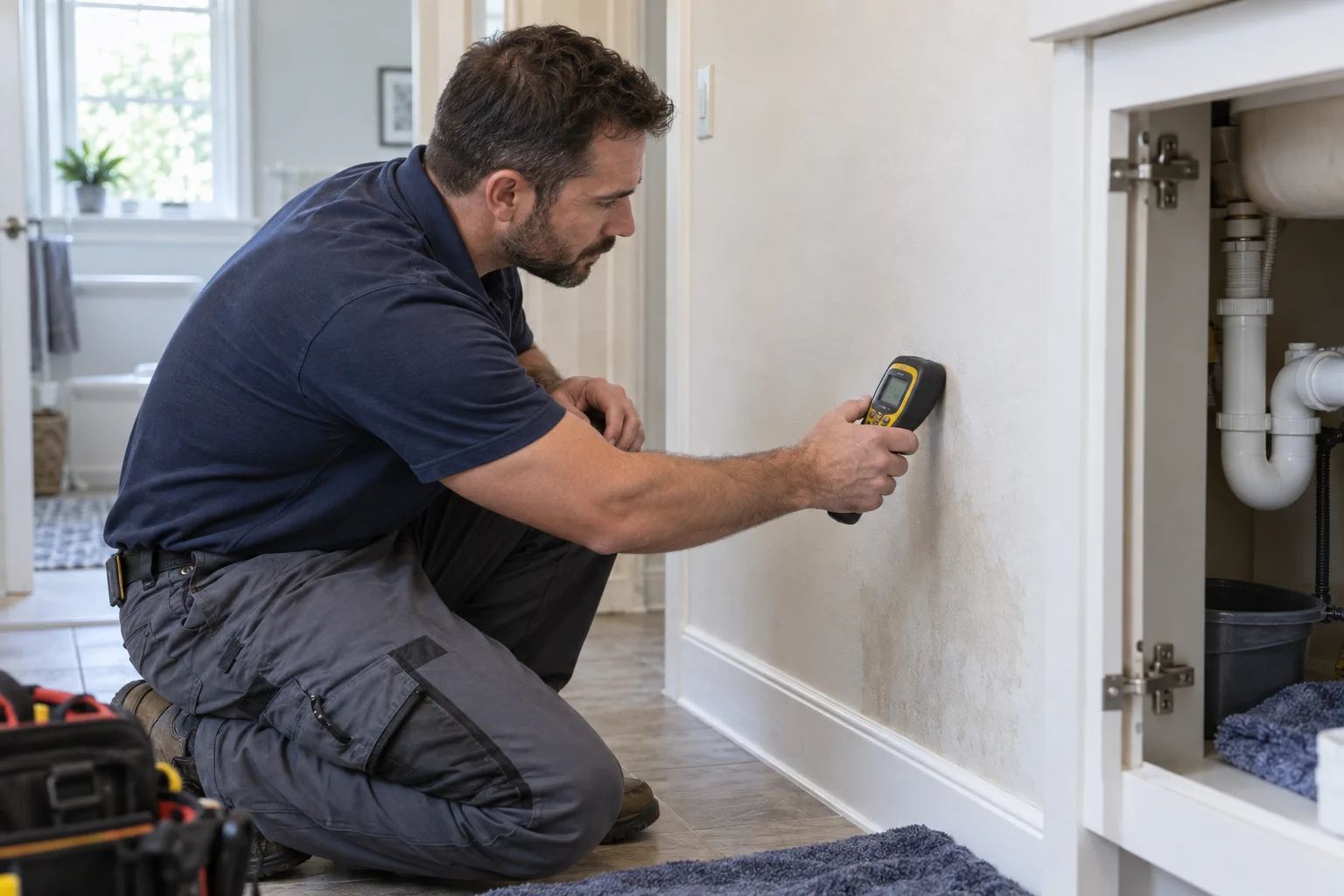 Plumber checking a damp wall area with a handheld moisture meter