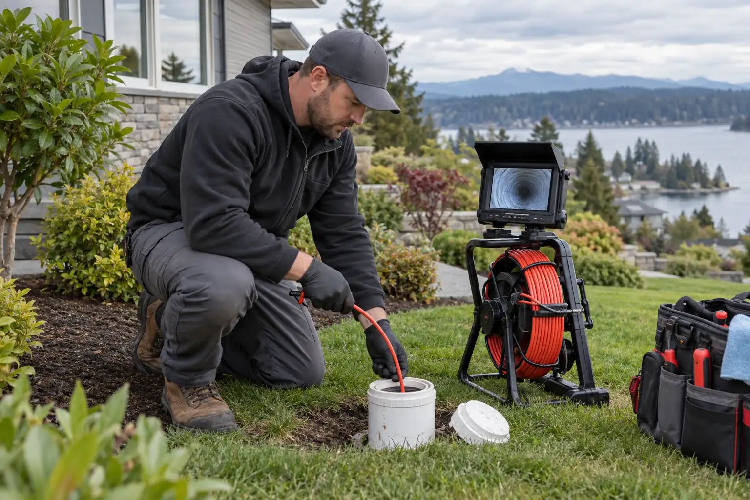 Plumber inspecting a residential sewer cleanout with a camera reel